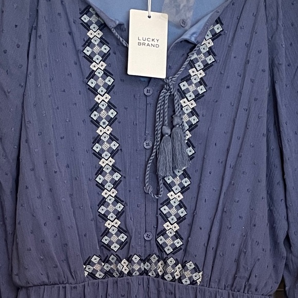 Lucky Brand Embroidered Boho Dress NWT XL Swiss Dot Blue with Tassels - Picture 4 of 11